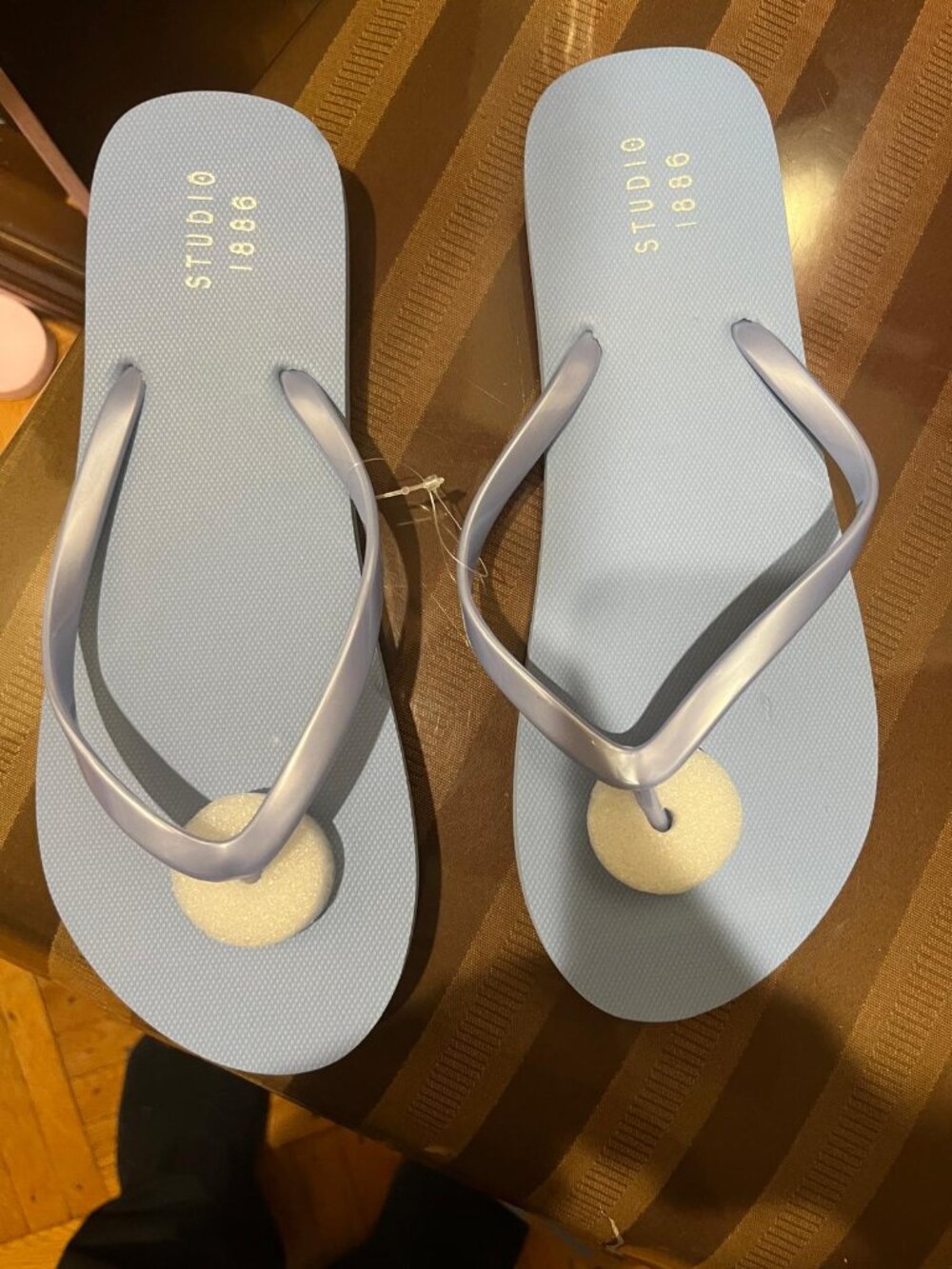 blue slip on flip flops